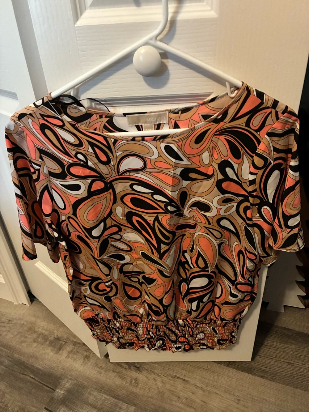 Michael Kors Coral, Black & Tan Abstract Print Smocked-Hem Blouse